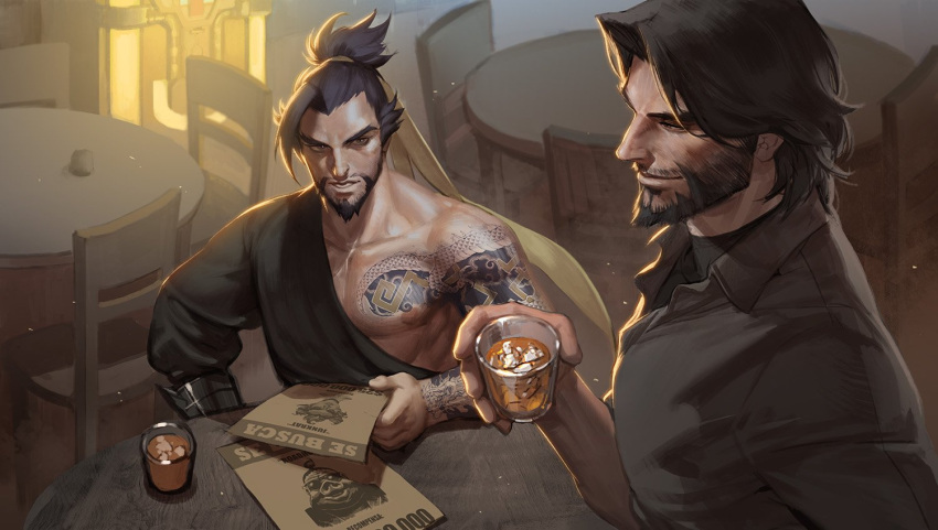 2boys alcohol asymmetrical_clothes bare_shoulders beard brown_eyes brown_hair chair collarbone dragon_print dragon_tattoo et.m facial_hair furrowed_eyebrows glass goatee hair_ribbon hanzo_(overwatch) holding holding_glass ice ice_cube japanese_clothes kimono male_focus mccree_(overwatch) multiple_boys muscle mustache overwatch ponytail poster ribbon shirt short_hair smile table tattoo upper_body wanted whiskey wing_collar