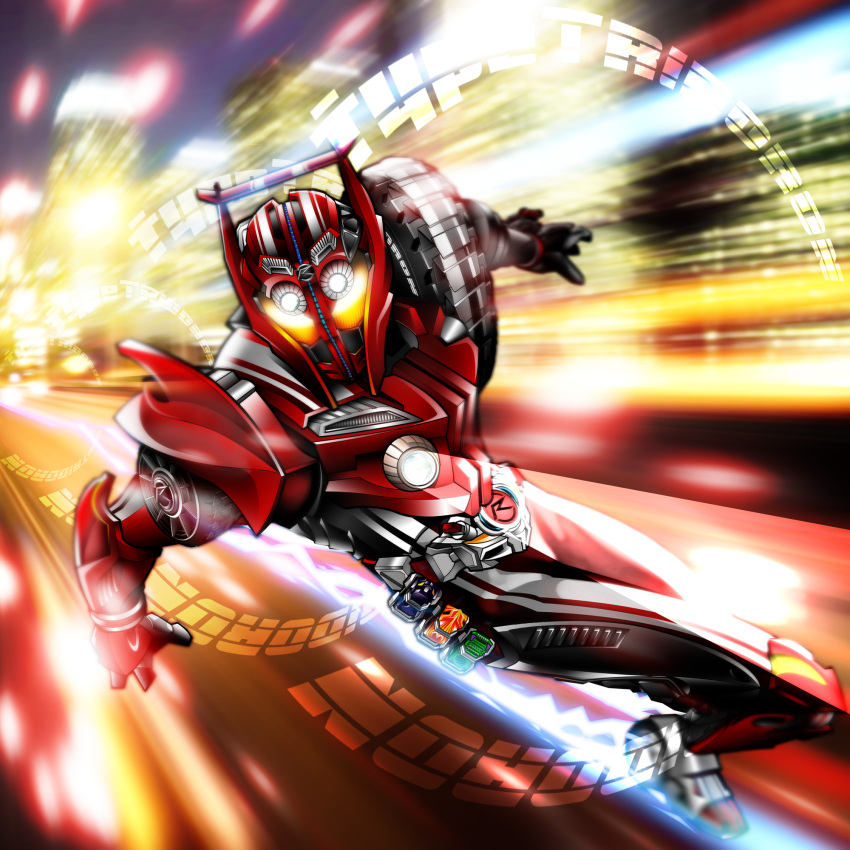 1boy armor belt character_name city city_lights glowing glowing_eyes helmet highres kamen_rider kamen_rider_drive kamen_rider_drive_(series) kameren male male_focus sliding solo tire type_tridoron yellow_eyes