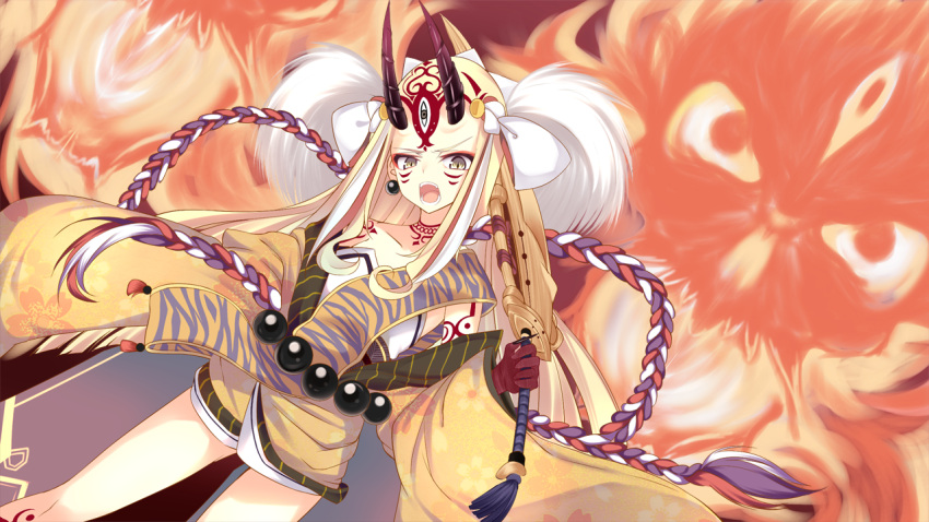 &gt;:o 1girl :o beads blonde_hair carrying_over_shoulder dutch_angle earrings facial_mark fate/grand_order fate_(series) fingernails floral_print furrowed_eyebrows grey_eyes hair_ornament head_tilt headdress holding holding_sword holding_weapon horns ibaraki_douji_(fate/grand_order) japanese_clothes jewelry kimono long_fingernails long_hair looking_at_viewer off_shoulder oni oni_horns open_mouth over_shoulder projected_inset red_skin rope sash sharp_fingernails short_kimono small_breasts solo_focus strapless sukage sword tassel tattoo teeth third_eye tiger_stripes weapon weapon_over_shoulder white_hair wide_sleeves yellow_eyes