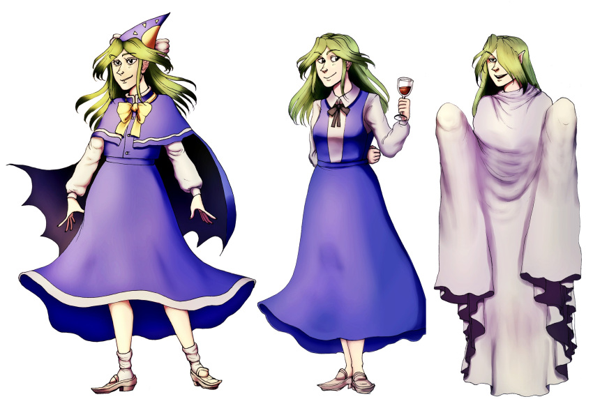 bow cape cup dress drinking_glass full_body green_eyes green_hair hat highres long_hair long_sleeves mima moonywitcher multiple_girls mystic_square open_mouth shoes smile touhou touhou_(pc-98) wine_glass