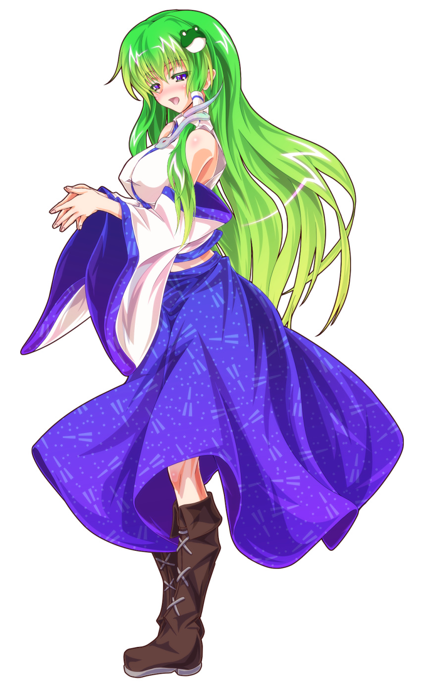 1girl :d blue_eyes blue_skirt blush boots breasts brown_boots commentary_request detached_sleeves fingers_together frog_hair_ornament full_body green_hair hair_ornament hair_tubes highres japanese_clothes kochiya_sanae large_breasts long_hair long_skirt long_sleeves looking_at_viewer miko nose_blush open_mouth simple_background skirt smile snake_hair_ornament solo tachi-e touhou white_background wide_sleeves zephid