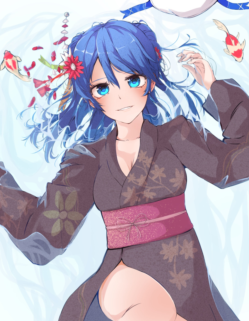 1girl blue_eyes blue_hair breasts cleavage double_bun fish flower goldfish hair_flower hair_ornament hat hat_removed headwear_removed highres japanese_clothes kantai_collection kimono long_hair looking_at_viewer oniku_masimasi partially_submerged smile solo urakaze_(kantai_collection) water