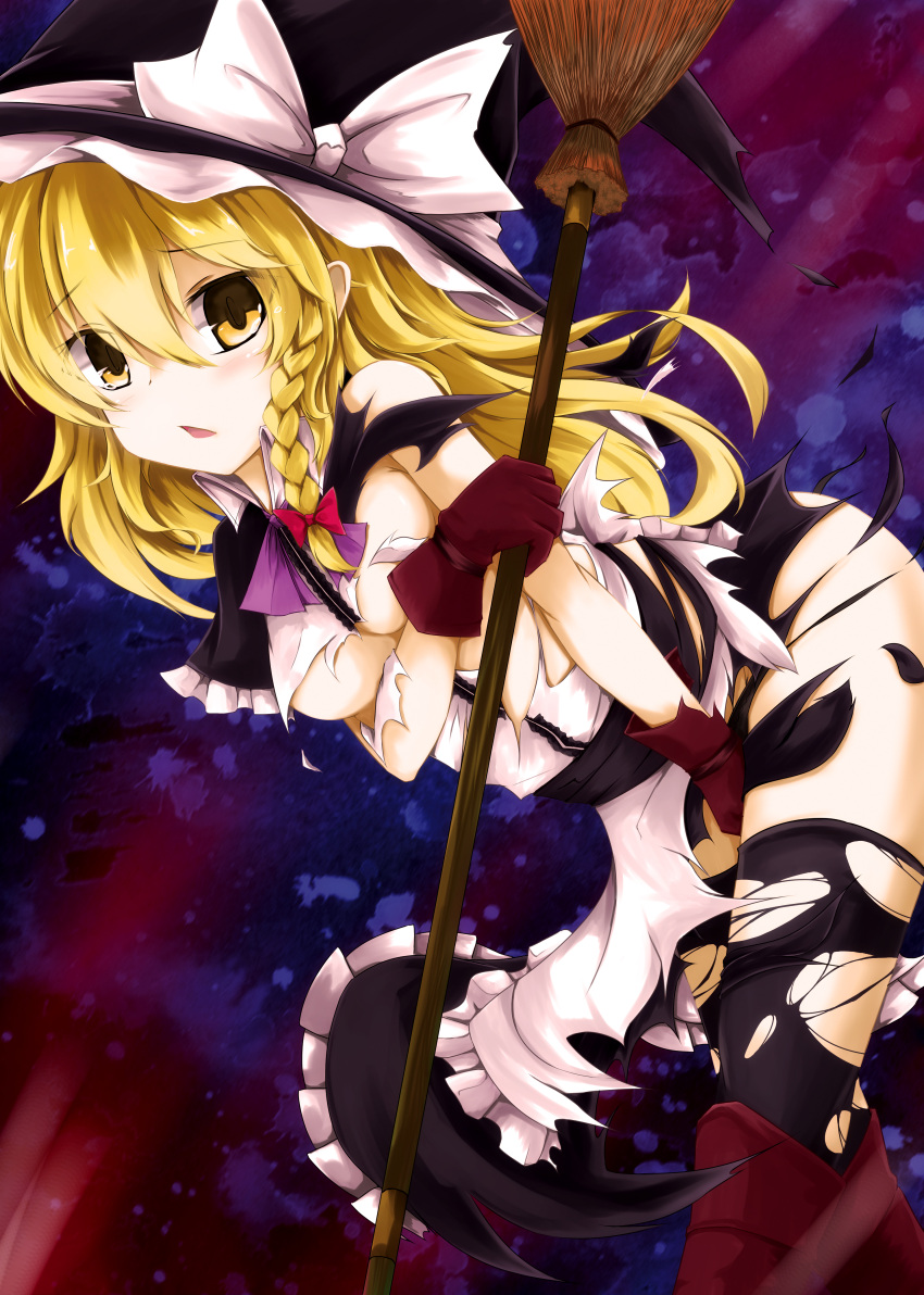 1girl :o absurdres akisome_hatsuka apron between_legs black_hat black_legwear black_skirt blonde_hair blush bow braid breasts eyebrows eyebrows_visible_through_hair gloves hair_between_eyes hair_bow hand_between_legs hat highres holding kirisame_marisa long_hair looking_at_viewer open_mouth red_bow red_gloves shirt single_braid skirt solo thigh-highs torn_clothes torn_skirt torn_thighhighs touhou under_boob waist_apron white_apron white_shirt witch_hat yellow_eyes