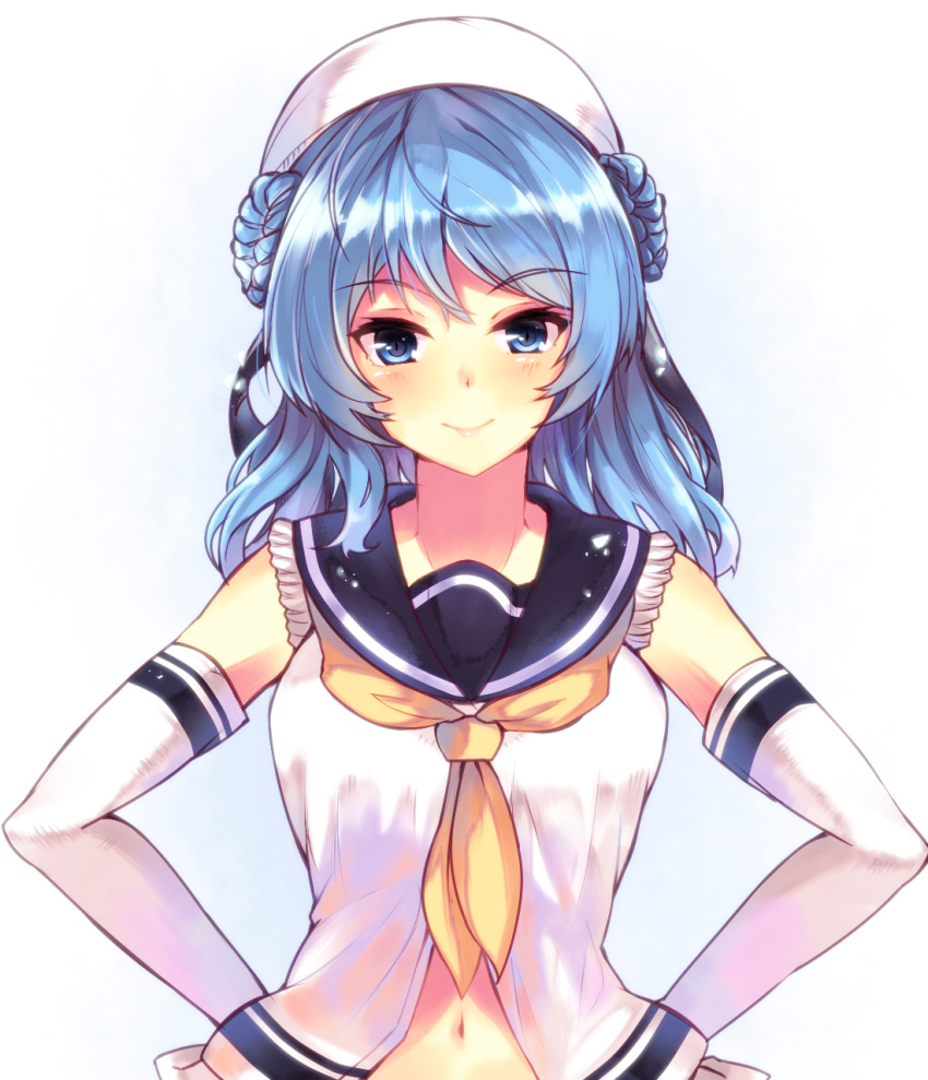 blue_eyes blue_hair blush hat kantai_collection long_hair personficiation seifuku urakaze_(kantai_collection)