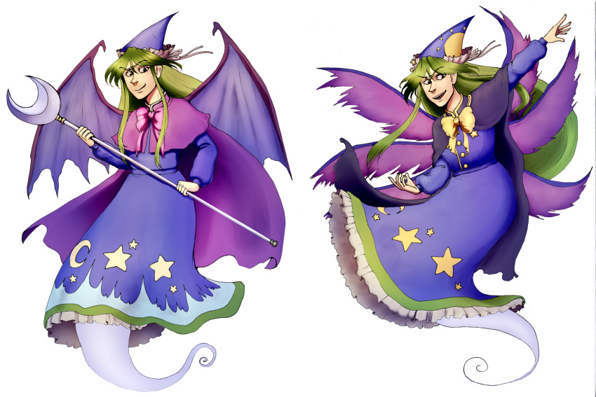blue_dress bow cape demon_wings dress full_body ghost_tail green_eyes green_hair hat highres long_hair long_sleeves mima moonywitcher multiple_girls open_mouth purple_bow smile solo spirit star star_print story_of_eastern_wonderland touhou touhou_(pc-98) wand weapon wings yellow_bow