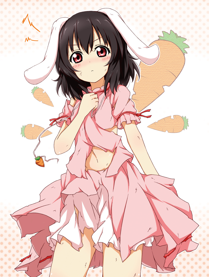 1girl absurdres animal_ears arm_at_side black_hair blush carrot_necklace closed_mouth cowboy_shot dress food frilled_sleeves frills highres inaba_tewi karamoneeze necklace_removed pink_dress puffy_short_sleeves puffy_sleeves rabbit_ears red_eyes short_hair short_sleeves solo standing thighs torn_clothes torn_dress touhou vegetable