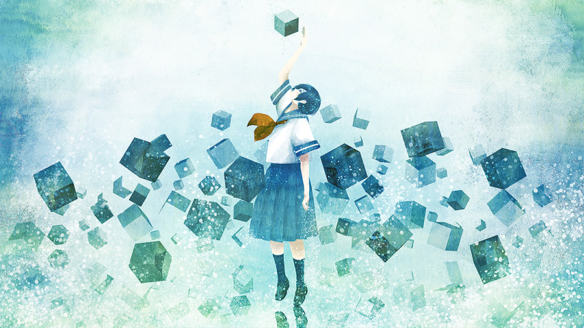 1girl abstract arm_up black_hair craft-cs cube floating light_particles looking_up muted_color original profile reaching_out reflection school_uniform serafuku short_hair solo surreal texture