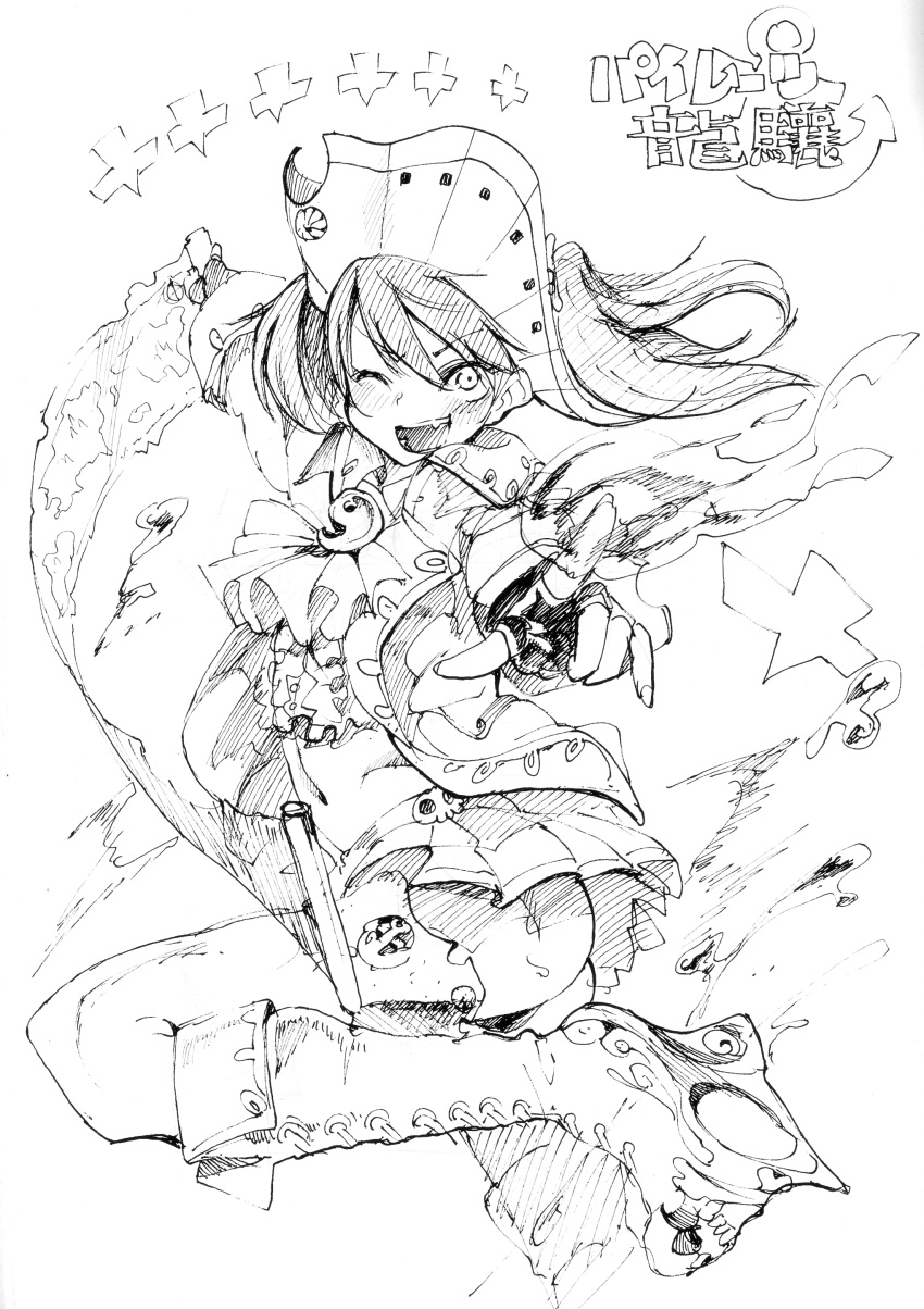 1girl absurdres alternate_costume artist_request belt boots burning_hand fingerless_gloves gloves hat high_heels highres japanese kantai_collection knee_boots long_hair looking_at_viewer map midriff monochrome navel open_mouth pirate_costume pirate_hat ryuujou_(kantai_collection) scarf skirt skull smile solo translation_request