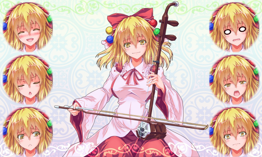 1girl :&lt; :o blonde_hair blush bow breasts commentary_request cowboy_shot erhu expressions frilled_shirt_collar frills hair_bobbles hair_bow hair_ornament head_tilt large_breasts long_sleeves looking_at_viewer neck_ribbon nose_blush open_mouth red_bow red_ribbon red_skirt ribbon satsuki_rin skirt smile solo tachi-e touhou triangle_mouth wide_sleeves yellow_eyes zephid