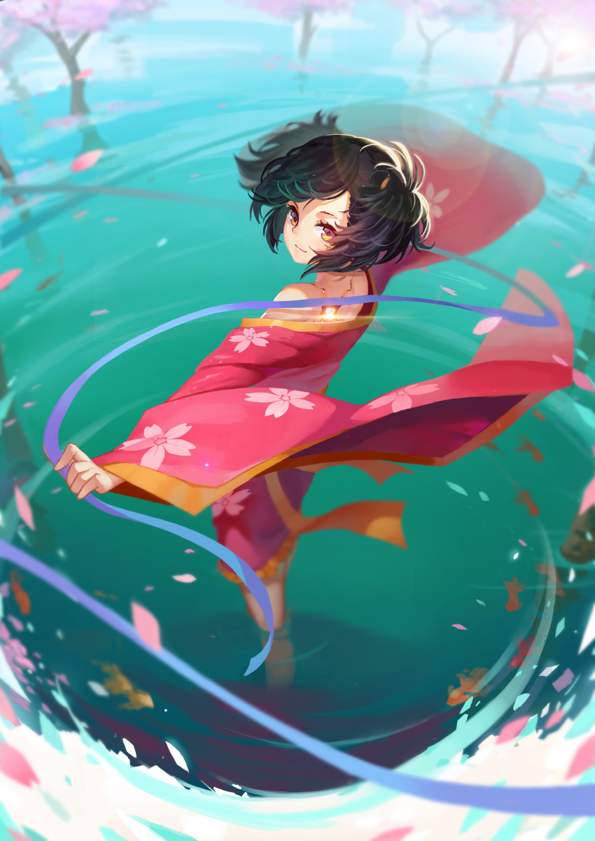 1girl absurdres brown_eyes brown_hair cherry_blossoms doitsu_no_kagaku floral_print highres japanese_clothes kimono koutetsujou_no_kabaneri lens_flare looking_at_viewer looking_back mumei_(kabaneri) off_shoulder scar short_hair short_kimono smile solo spinning standing wading water wide_sleeves