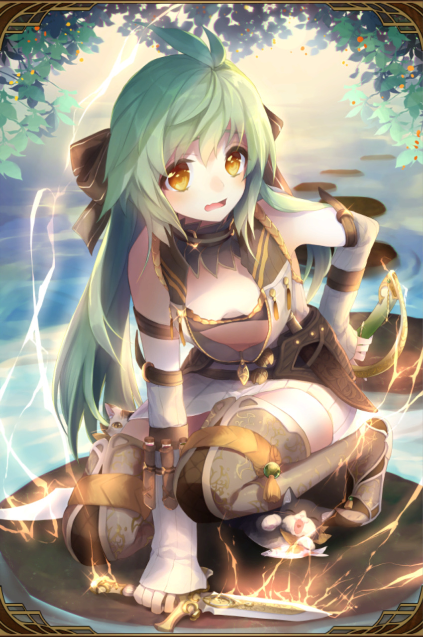 1girl ahoge artist_request belt blush breasts cat dagger detached_sleeves downblouse dress dual_wielding fish grand_sphere green_hair hair_ribbon highres jewelry leaf lightning long_hair necklace ribbon scarf small_breasts squatting thigh-highs water weapon white_dress yellow_eyes zettai_ryouiki zipper