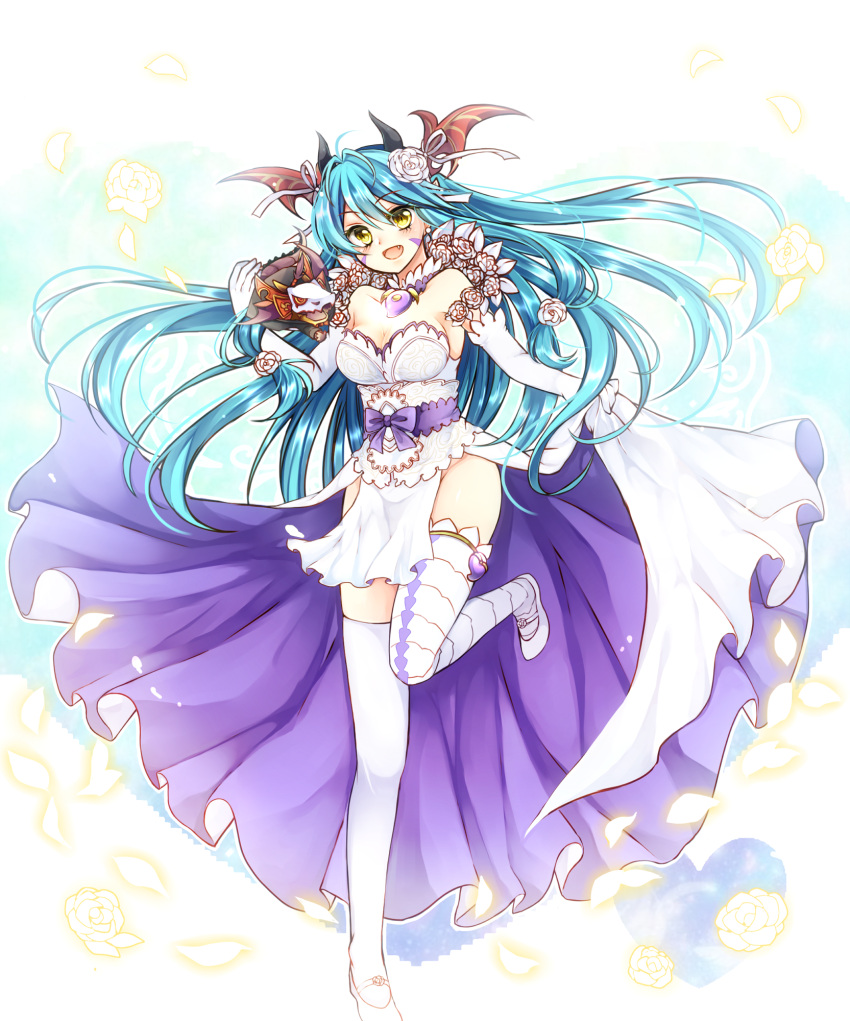 1girl animal animal_on_shoulder blue_hair dress elbow_gloves facepaint facial_mark fang flower full_body gloves hair_flower hair_ornament head_wings highres horns kanataww long_hair looking_at_viewer magatama no_panties open_mouth puzzle_&amp;_dragons satsuki_(p&amp;d) shoes skirt_hold smile solo standing standing_on_one_leg thigh-highs wedding_dress white_gloves white_legwear white_shoes yellow_eyes