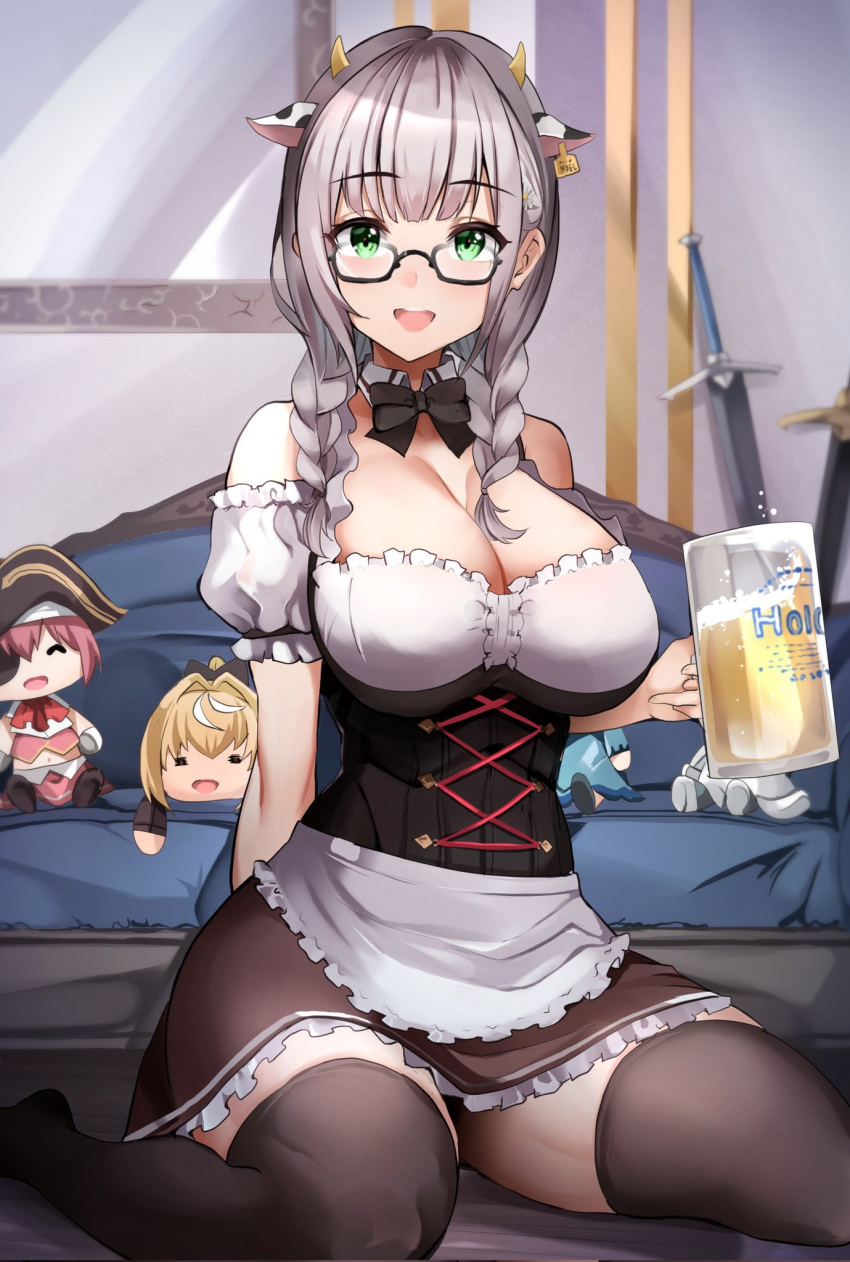 1girl :d alcohol animal_ears apron bangs bare_shoulders beer beer_mug black_bow black_bowtie bow bowtie braid breasts brown_legwear brown_skirt character_doll commentary_request corset couch cow_ears cow_horns cup detached_collar detached_sleeves extra_ears eyebrows_visible_through_hair flower frilled_apron frilled_shirt frilled_skirt frills glasses green_eyes hair_flower hair_ornament highres holding holding_cup hololive horns houshou_marine indoors large_breasts long_hair looking_at_viewer mug open_mouth sezoku shiranui_flare shirogane_noel shirt short_sleeves silver_hair sitting skirt smile solo sword thigh-highs twin_braids uruha_rushia usada_pekora virtual_youtuber wariza weapon white_shirt