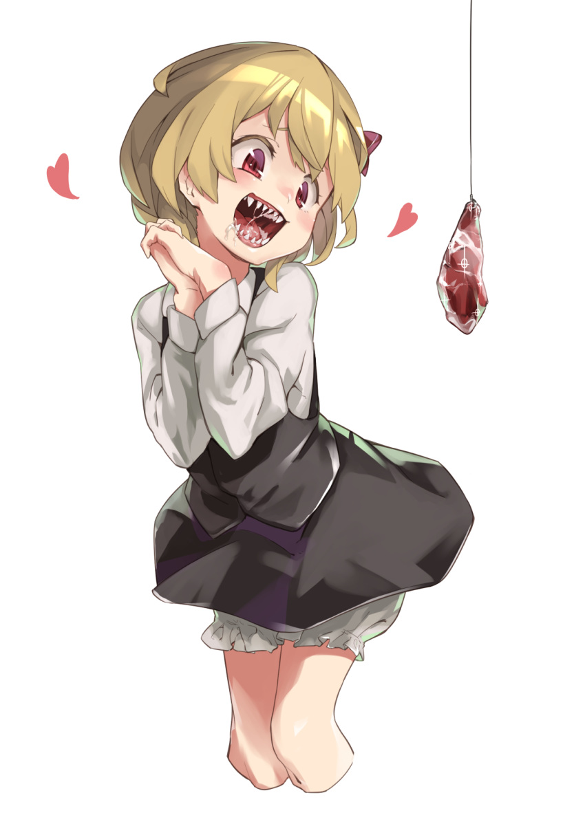 1girl black_skirt black_vest bloomers cropped_legs food hair_ribbon hands_clasped happy head_tilt heart highres hook interlocked_fingers long_sleeves meat muchi_maro open_mouth own_hands_together red_eyes red_ribbon ribbon rumia saliva sharp_teeth short_hair simple_background skirt skirt_set solo teeth touhou underwear vest white_background
