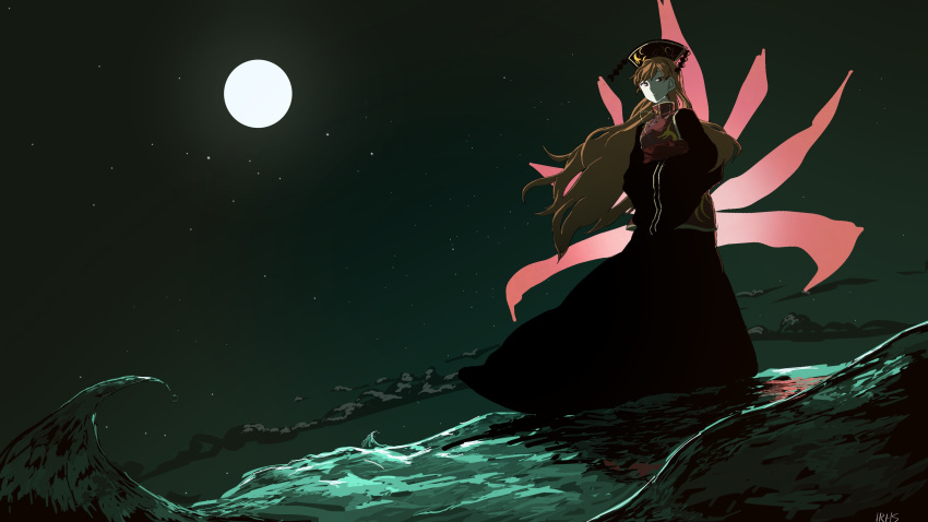 1girl absurdres black_dress blonde_hair chinese_clothes crescent dress full_body full_moon hands_in_sleeves hat highres irohasu_(sasagarasu) junko_(touhou) long_hair long_sleeves looking_at_viewer moon multiple_tails night night_sky ocean red_eyes sash sky smile solo standing standing_on_liquid tabard tail touhou very_long_hair wide_sleeves