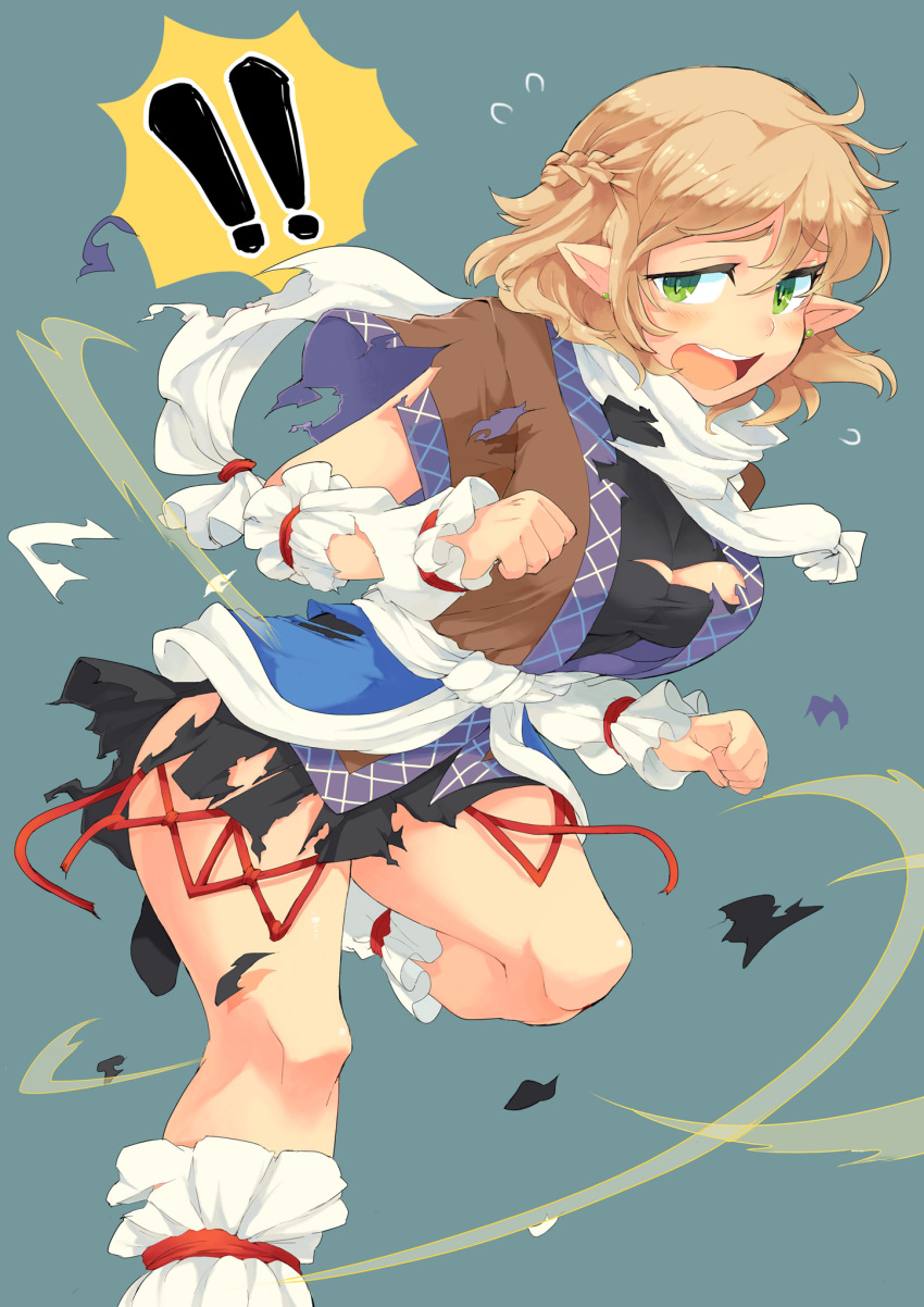 ! !! 1girl arm_warmers black_skirt blonde_hair blue_background blush braid breasts brown_hair cleavage ear_studs earrings flying_sweatdrops french_braid frills green_eyes highres iroyopon jewelry large_breasts leg_garter looking_at_viewer miniskirt mizuhashi_parsee open_mouth pointy_ears round_teeth running sash scarf shirt short_hair short_sleeves simple_background skirt solo spoken_exclamation_mark teeth thighs torn_clothes torn_scarf torn_shirt torn_skirt touhou white_scarf