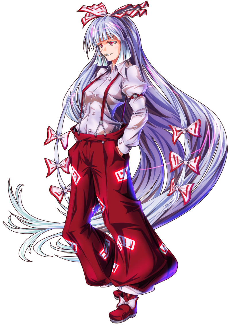 1girl arm_strap baggy_pants bow buttons commentary_request fujiwara_no_mokou full_body hair_bow hands_in_pockets highres long_hair long_sleeves pants red_eyes shirt silver_hair simple_background smile smoking solo suspenders tachi-e touhou very_long_hair white_background white_bow white_shirt zephid