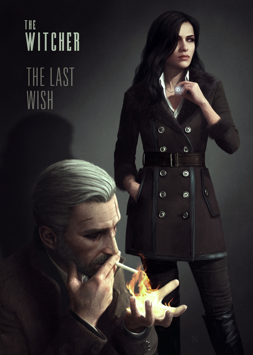 1boy 1girl astor_alexander beard black_hair brown_eyes cigarette contemporary cover facial_hair fake_cover film_noir fire geralt_of_rivia hair_over_one_eye hand_in_pocket highres jewelry lips long_coat long_hair magic mole mole_under_mouth necklace pendant scar scar_across_eye smoking the_witcher the_witcher_3 white_hair yennefer