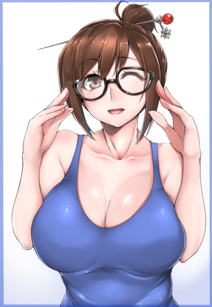 1girl ;d black-framed_eyewear breasts brown_eyes brown_hair cleavage gggg glasses hair_ornament hair_stick highres large_breasts mei_(overwatch) one_eye_closed open_mouth overwatch short_hair smile solo white_background