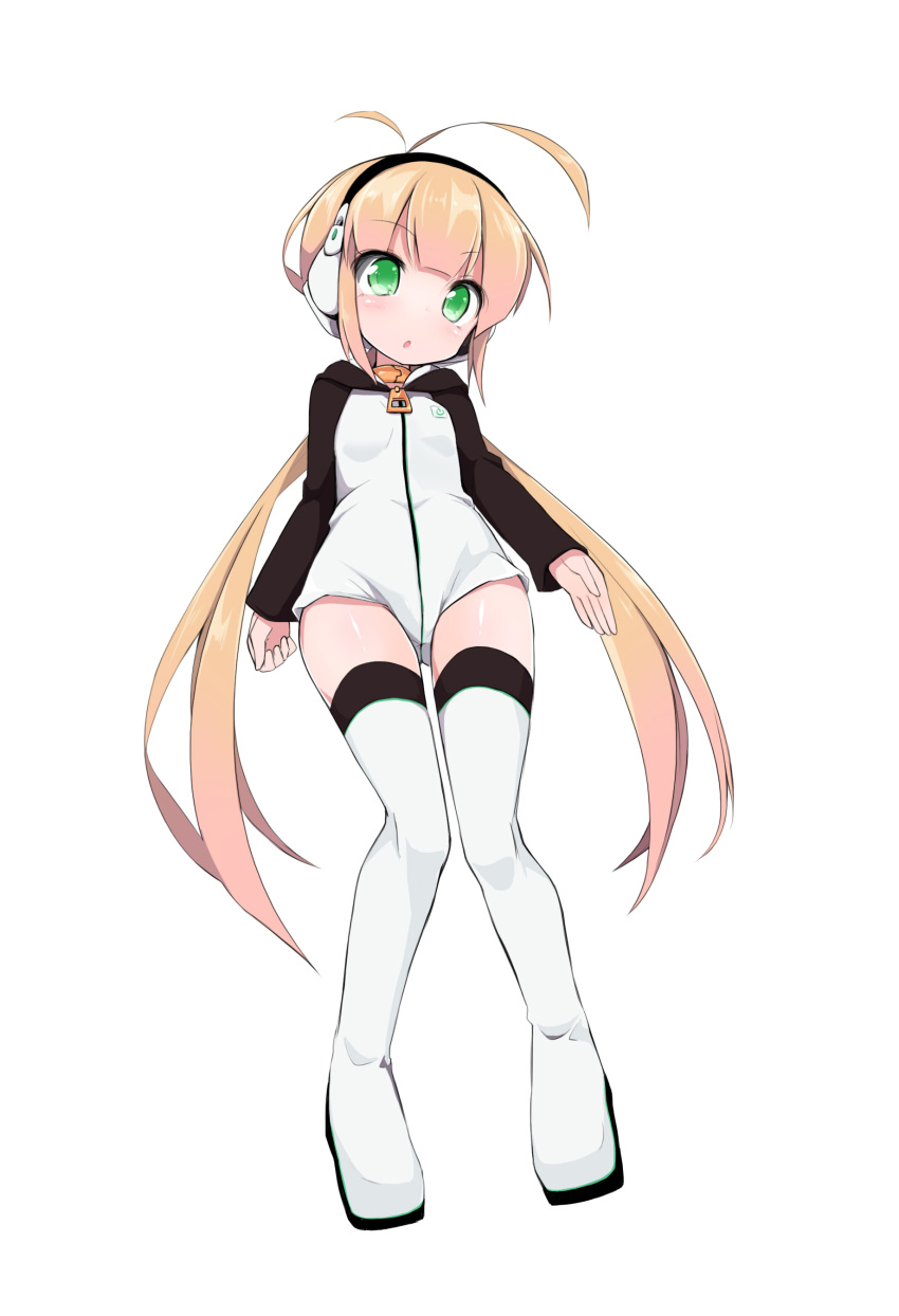1girl :o absurdres antenna_hair bangs blonde_hair blunt_bangs blush boots breasts clenched_hand emblem from_below full_body gradient_hair green_eyes head_tilt headphones highres hood hood_down hoodie jewelry legs_together leotard long_hair long_sleeves looking_at_viewer looking_down low_twintails matuken1027 multicolored_hair neck_ring open_mouth original pink_hair platform_footwear power_symbol raglan_sleeves sidelocks simple_background small_breasts solo thigh-highs thigh_boots thighs twintails very_long_hair white_background white_boots white_legwear zettai_ryouiki zipper