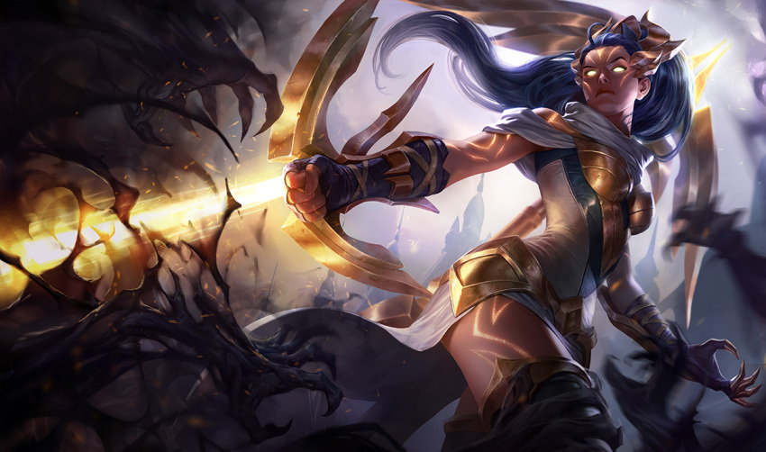 1girl arclight_vayne arrow blue_hair bow_(weapon) breastplate claws crossbow facial_mark fingerless_gloves forehead_mark gloves glowing glowing_eyes league_of_legends long_hair official_art riot_games shauna_vayne solo tattoo thigh-highs weapon yellow_eyes