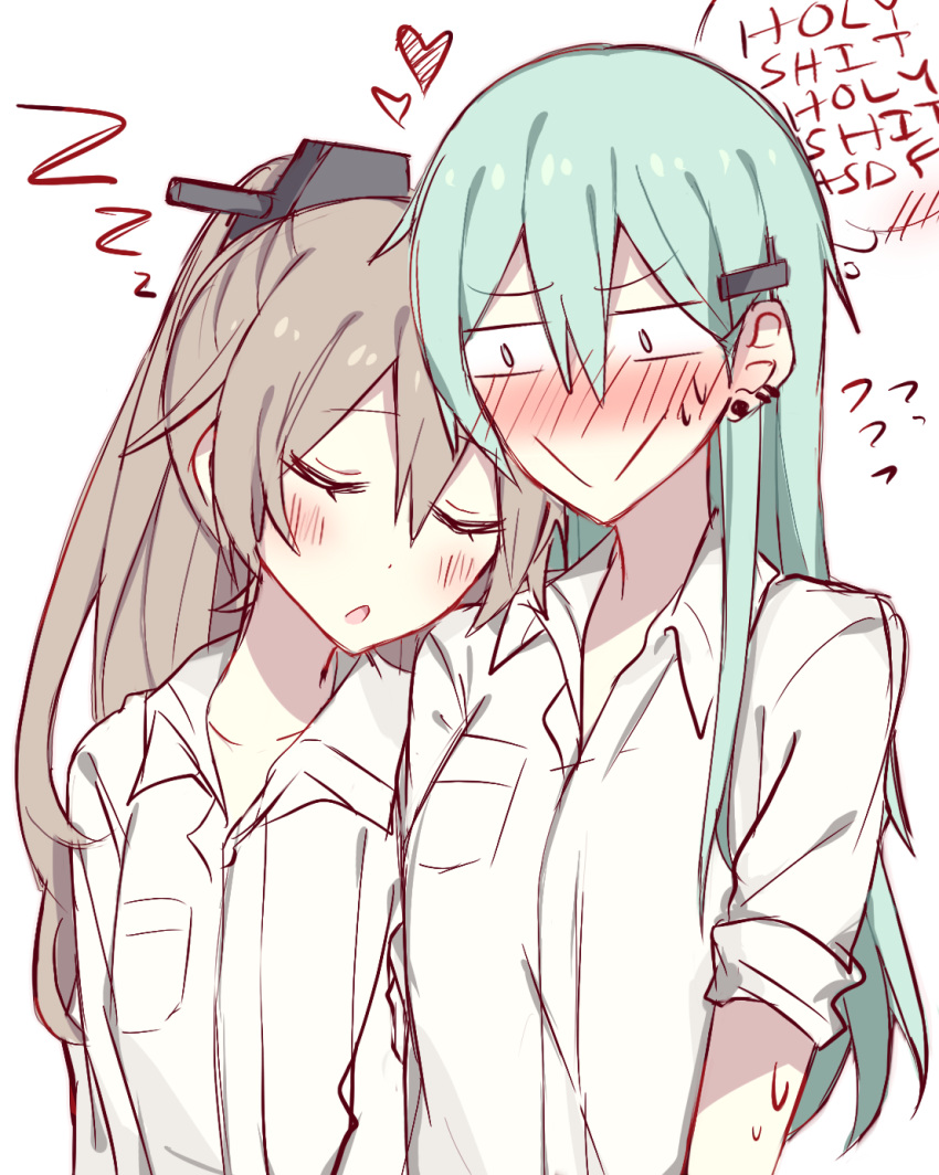 2girls :&gt; aqua_hair blush brown_hair closed_eyes commentary dress_shirt ear_piercing embarrassed english hair_ornament hairclip heart highres kantai_collection kumano_(kantai_collection) kvlen multiple_girls piercing shirt sleeping sleeping_on_person sleeves_pushed_up suzuya_(kantai_collection) thought_bubble upper_body yuri