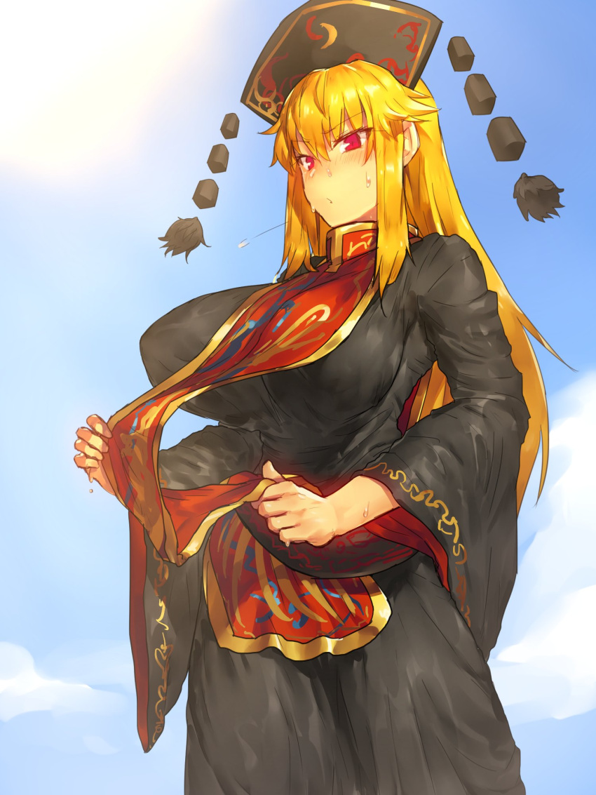 1girl =3 black_dress blonde_hair blush breasts chinese_clothes clothes_lift commentary_request cowboy_shot crescent dress hat highres huge_breasts junko_(touhou) lifted_by_self long_hair long_sleeves melon22 red_eyes solo sweat tabard touhou wide_sleeves