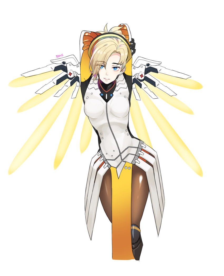 1girl arms_behind_head arms_up artist_name blonde_hair blue_eyes bodysuit cowboy_shot ddhs eyes_visible_through_hair high_ponytail highres looking_at_viewer mechanical_halo mechanical_wings mercy_(overwatch) overwatch pantyhose parted_lips signature simple_background solo white_background wings