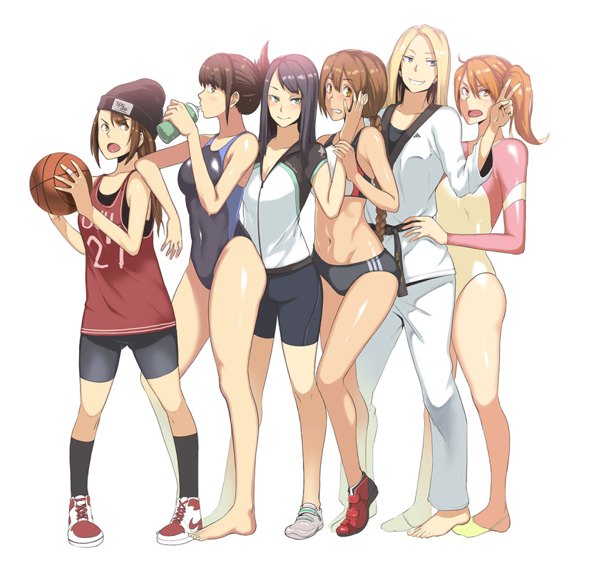 6+girls ball barefoot basketball basketball_uniform beanie bike_jersey bike_shorts black_hair blonde_hair blue_eyes blush bottle braid breasts brown_eyes brown_hair cleavage competition_swimsuit covered_navel dougi drinking from_side green_eyes gymnast_leotard hand_on_another's_cheek hand_on_another's_face hat japanese_clothes kimono leggings leotard long_hair midriff multiple_girls navel no_socks one-piece_swimsuit open_mouth orange_eyes orange_hair ponytail purplevortex shoes short_hair side_ponytail single_braid smile sneakers socks sports_bra sportswear swimsuit tan track_uniform v water_bottle yellow_eyes
