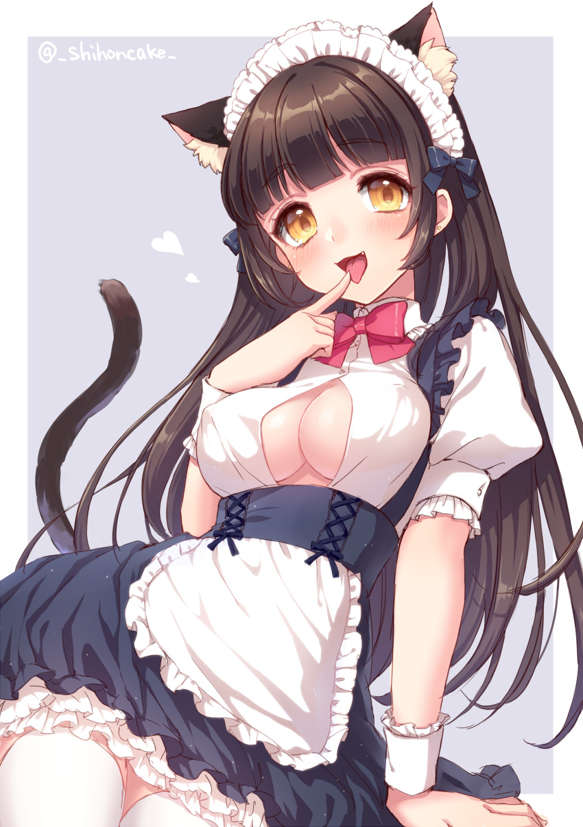 1girl absurdres animal_ears apron arm_support black_hair blue_background bow bowtie breasts cat_ears cat_tail cleavage_cutout covered_nipples dress earrings eyebrows eyebrows_visible_through_hair fang finger_to_mouth frilled_dress frills hair_bow heart highres jewelry long_hair maid maid_headdress medium_breasts open_mouth orange_eyes original puffy_short_sleeves puffy_sleeves sakura_shiho_(shihoncake) short_sleeves simple_background solo tail thigh-highs tongue tongue_out twitter_username underbust white_legwear wrist_cuffs
