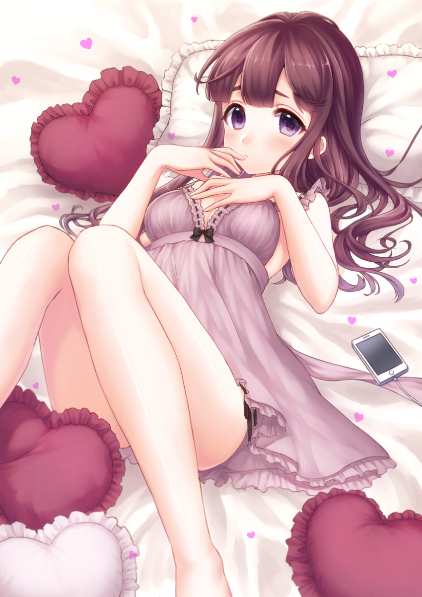 1girl babydoll bed_sheet blush breasts cellphone convenient_leg eyebrows finger_to_mouth hand_on_own_chest heart heart_pillow highres knees_up long_hair looking_at_viewer lying medium_breasts on_back on_bed original phone pillow purple_hair ribbon-trimmed_clothes ribbon_trim sakura_shiho_(shihoncake) smartphone solo violet_eyes