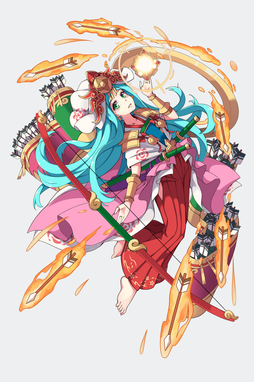 1girl amaterasu_(p&amp;d) aqua_hair armor arrow barefoot blush bow_(weapon) bracer collarbone earrings fuku_arashi green_eyes headdress highres japanese_armor japanese_clothes jewelry long_hair looking_at_viewer parted_lips puzzle_&amp;_dragons quiver red_hakama ring sheath sheathed sode solo sword thumb_ring very_long_hair weapon