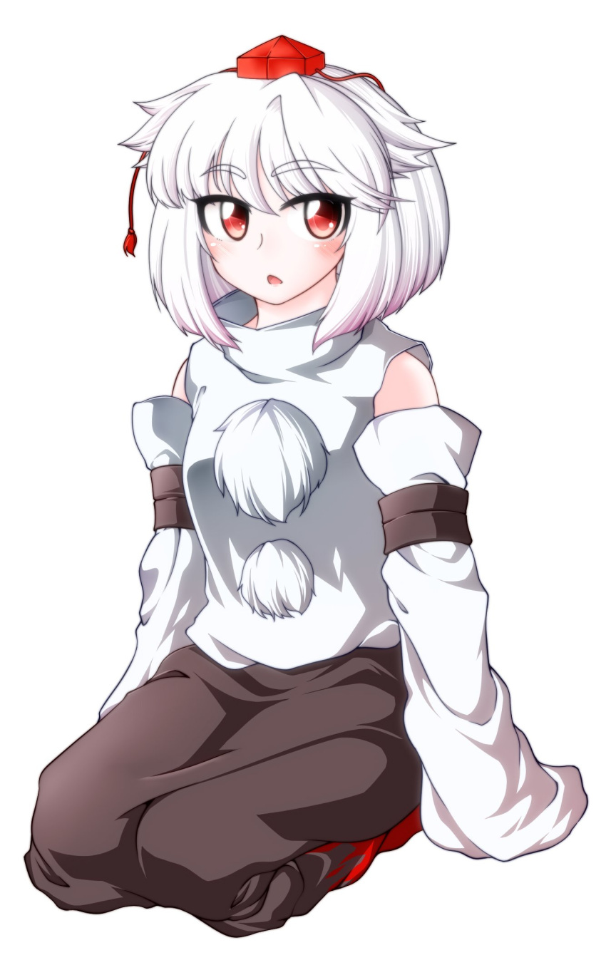 0-den 1girl animal_ears bare_shoulders blush commentary_request detached_sleeves full_body hat highres inubashiri_momiji looking_at_viewer pom_pom_(clothes) red_eyes seiza short_hair sitting sleeves_past_wrists solo tokin_hat touhou triangle_mouth white_hair wide_sleeves wolf_ears