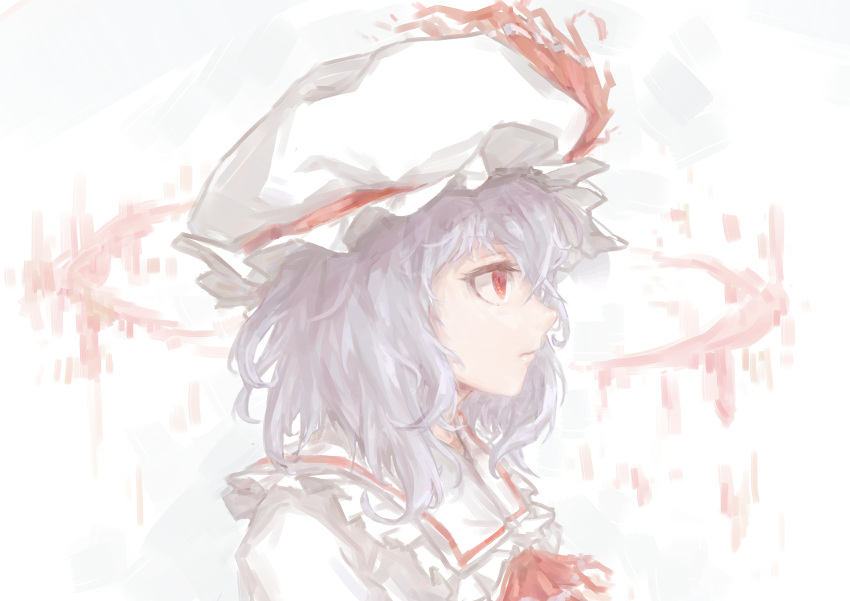 1girl absurdres ascot bat_wings bow commentary_request expressionless faux_traditional_media frills hat hat_ribbon highres lavender_hair mob_cap profile puffy_short_sleeves puffy_sleeves red_eyes remilia_scarlet ribbon rinrin-shi shirt short_hair short_sleeves simple_background solo touhou wings
