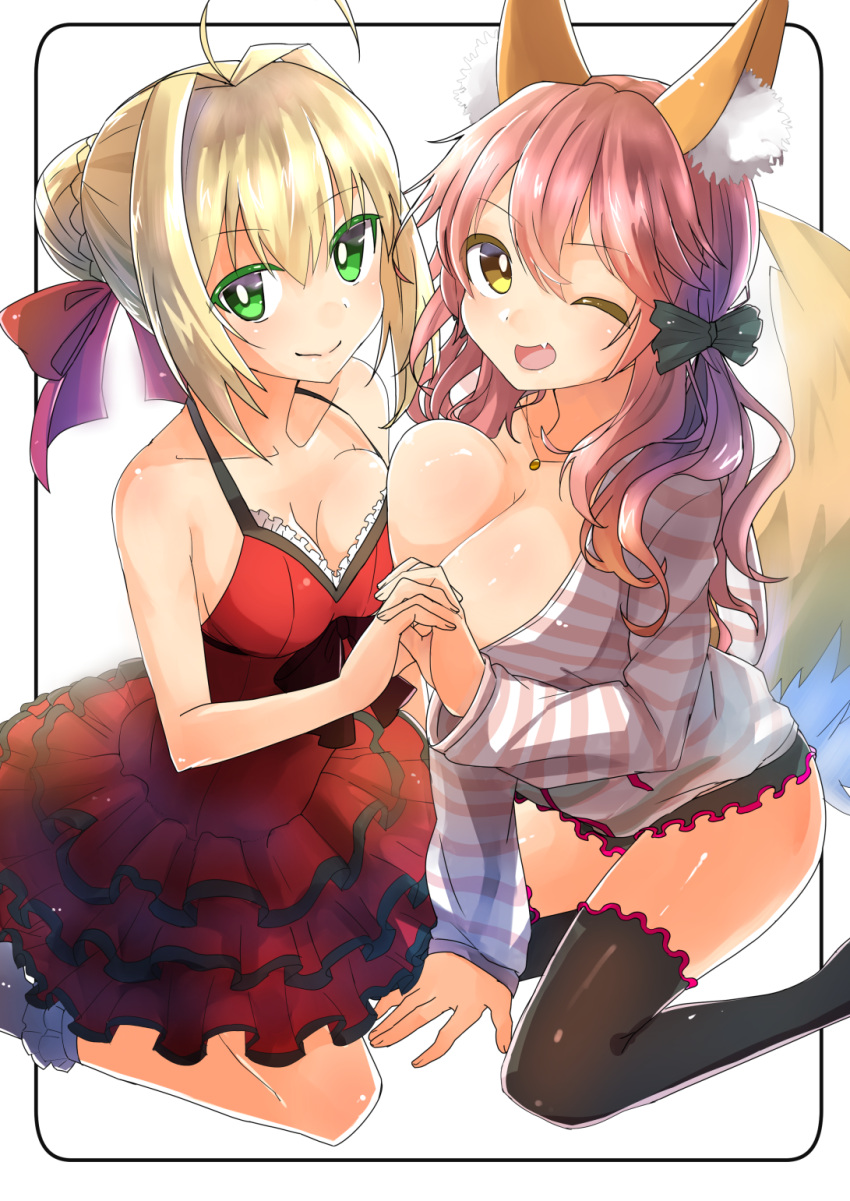 1girl ahoge animal_ears asymmetrical_docking black_legwear blonde_hair breast_press breasts caster_(fate/extra) cleavage collarbone dress fang fate/extra fate_(series) fox_ears fox_tail green_eyes highres large_breasts one_eye_closed open_mouth pink_hair red_dress saber_extra solo tail tamase thigh-highs yellow_eyes