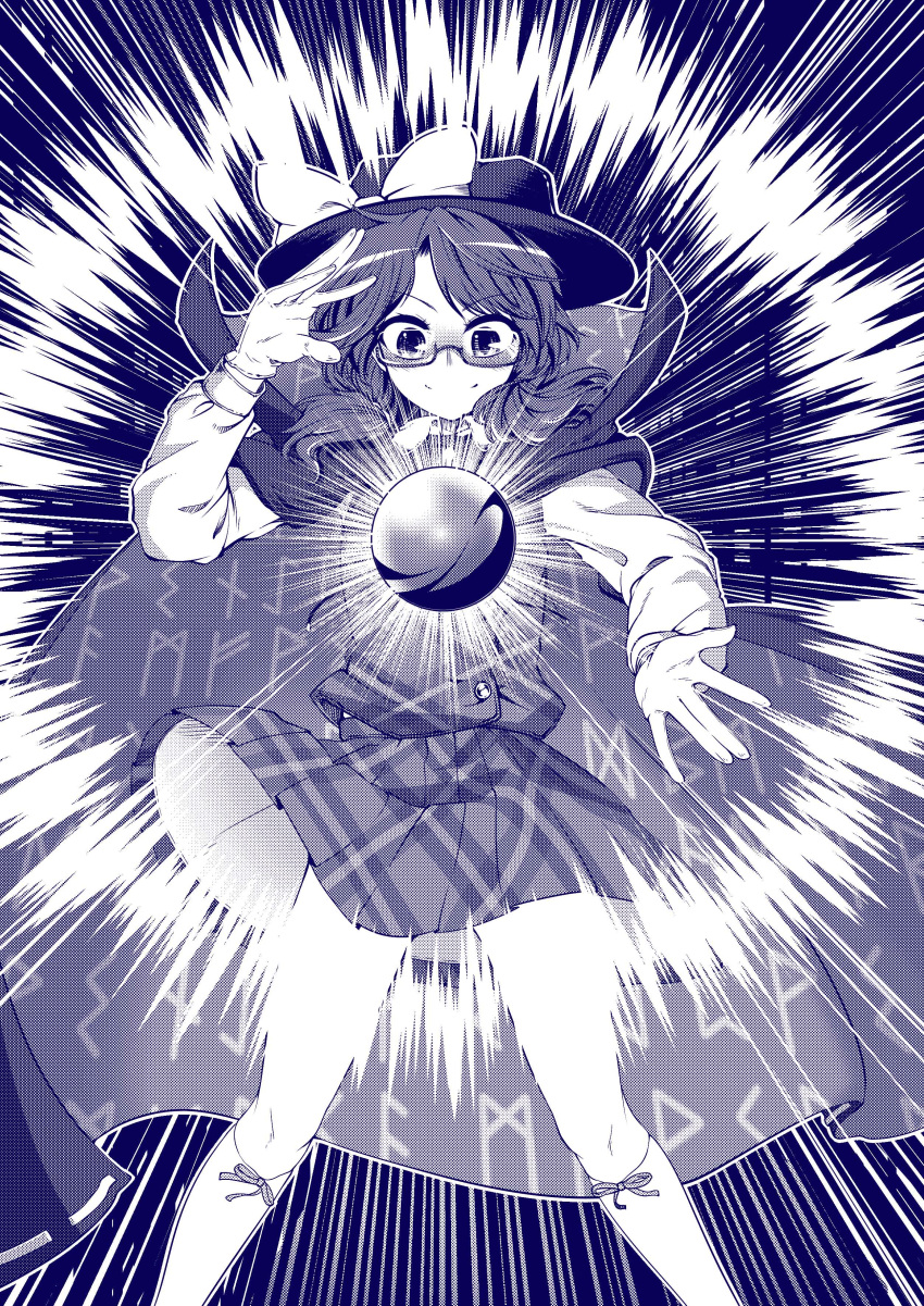 0-den 1girl absurdres bow cape clothes_writing commentary_request crystal_ball glasses greyscale hat hat_bow highres long_sleeves looking_at_viewer low_twintails monochrome plaid plaid_shirt plaid_skirt shirt short_hair skirt skirt_set smile socks solo touhou twintails usami_sumireko