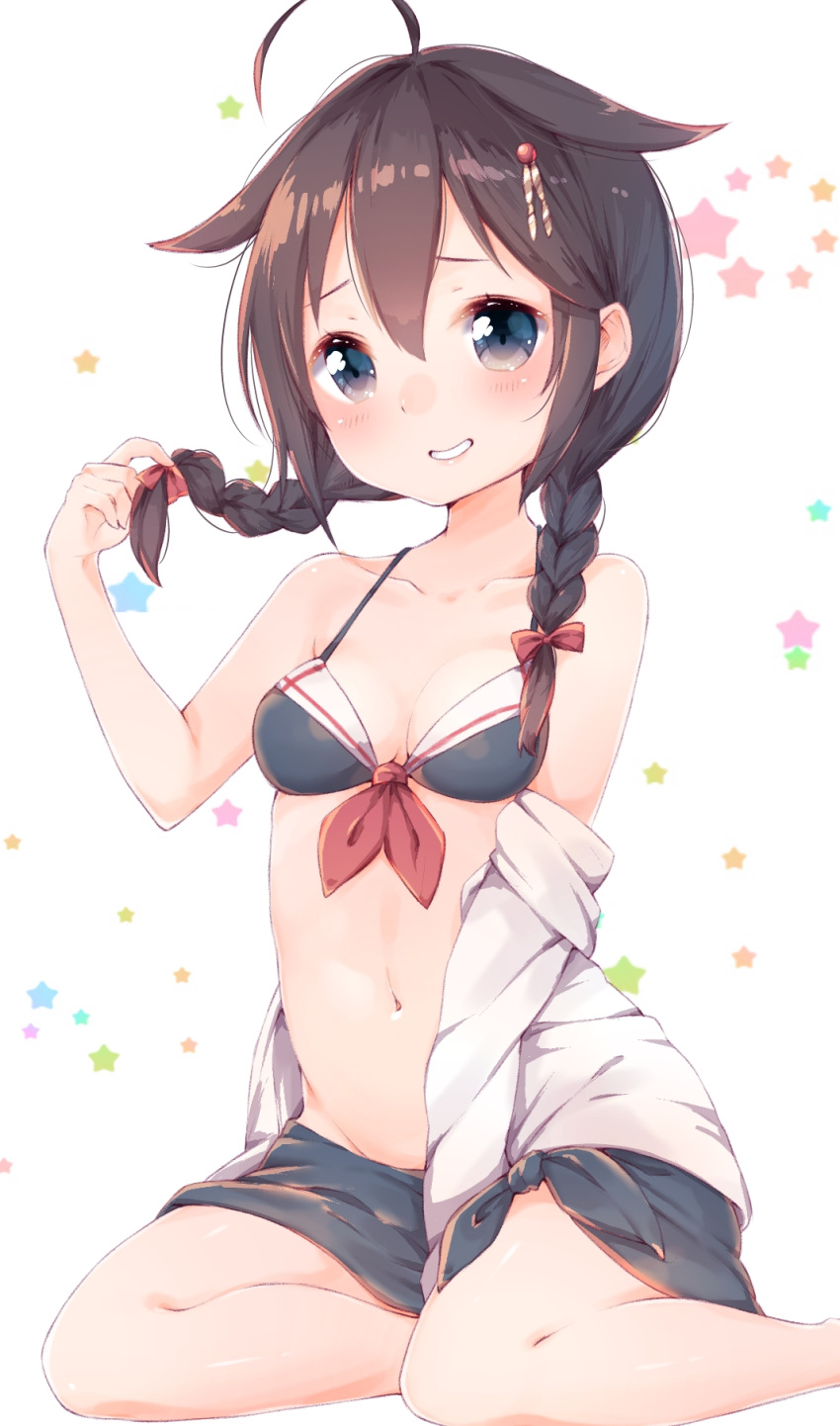 :d adapted_costume ahoge alternate_costume alternate_hairstyle azuki_(krps-hano) bare_legs bare_shoulders between_legs bikini bikini_top black_bikini black_bikini_top bow braid breasts brown_hair cleavage collarbone grin hair_bow hair_ornament hairpin hand_between_legs highres kantai_collection looking_at_viewer low_braid navel off_shoulder open_clothes open_mouth open_shirt red_bow remodel_(kantai_collection) sarong shigure_(kantai_collection) shirt simple_background sitting small_breasts smile stomach swimsuit teeth twin_braids white_background white_shirt yokozuwari