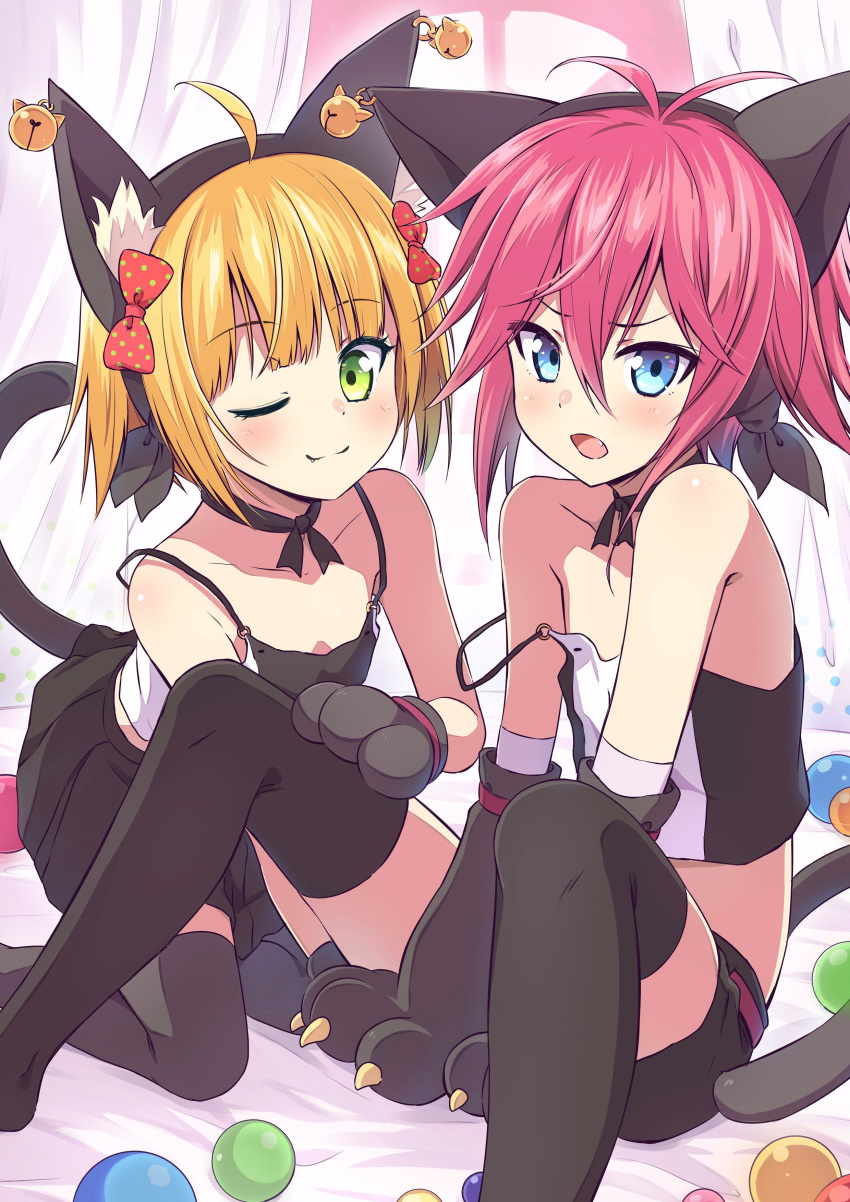 ;3 absurdres ahoge androgynous animal_ears antenna_hair ball bare_shoulders bell bell_earrings between_legs black_legwear blonde_hair blue_eyes blush bow camisole cat_ears cat_tail choker collarbone curtains earrings fake_animal_ears fake_tail fang flat_chest gloves green_eyes hair_bow highres jewelry jingle_bell kneeling knees_up looking_at_viewer one_eye_closed open_mouth original paw_gloves pink_hair pleated_skirt polka_dot polka_dot_bow ribbon_choker short_hair shorts sitting skirt smile strap_slip tail takanashi_sora_(soramyon) thigh-highs v_arms window