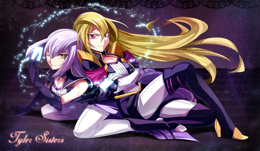 2girls blonde_hair boots breasts card cleavage collarbone eirakko elbow_gloves gloria_tyler gloves grace_tyler long_hair looking_at_viewer lying multiple_girls one_eye_closed red_eyes siblings silver_hair sisters smile thigh-highs twins yellow_eyes yuu-gi-ou yuu-gi-ou_arc-v