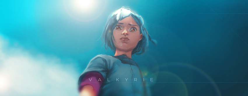 1girl absurdres arcane:_league_of_legends artist_name bangs blue_hair blurry blurry_background brown_eyes child day derivative_work from_below green_background green_shirt highres league_of_legends looking_at_viewer outdoors pink_sleeves powder_(arcane) shiny shiny_hair shirt short_hair solo valkyrie_(ekpk5223)