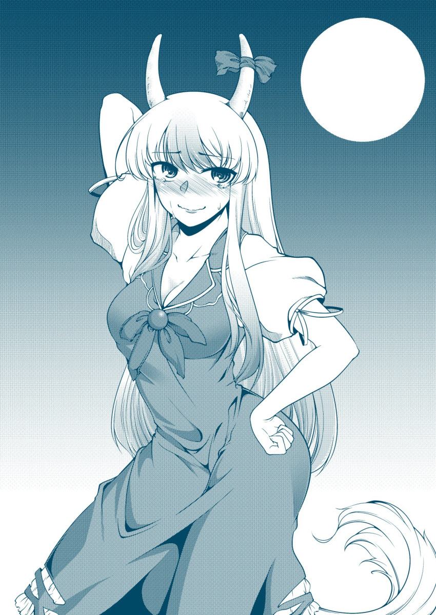 0-den 1girl arm_up blush breasts cleavage collarbone commentary_request contrapposto dress embarrassed ex-keine full_moon greyscale hand_on_hip highres horn_ribbon horns kamishirasawa_keine long_hair looking_at_viewer medium_breasts monochrome moon nose_blush pose puffy_short_sleeves puffy_sleeves ribbon short_sleeves smile solo sweat tail touhou