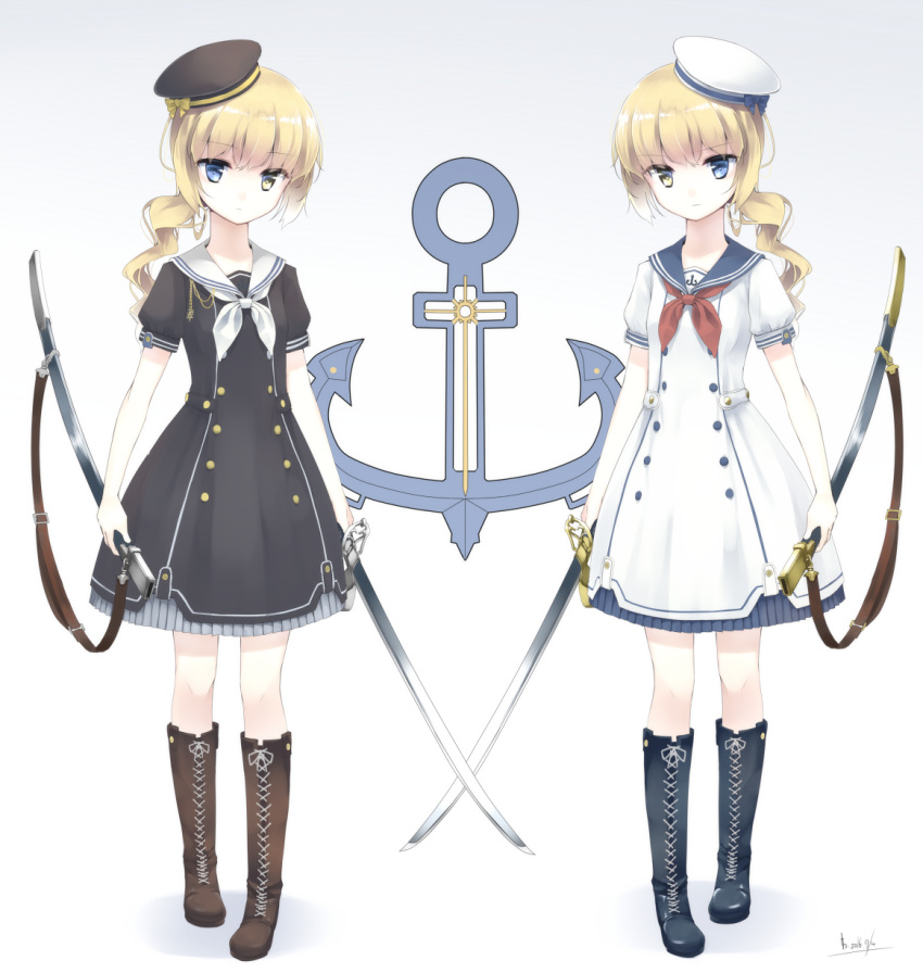 2016 2girls anchor_symbol blonde_hair blue_eyes boots bow buttons crossed_swords dated dress full_body hat hat_bow heterochromia highres holding holding_sword holding_weapon knee_boots looking_at_viewer makadamixa multiple_girls neckerchief original ponytail sailor_dress sailor_hat sheath short_sleeves siblings signature simple_background sisters standing sword symmetrical_pose twins unsheathed weapon yellow_eyes