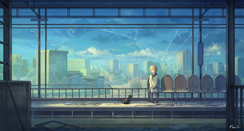 1girl bangs bench black_cat black_legwear blonde_hair blouse blue blue_eyes blue_skirt broken_glass broken_window building cat city cityscape clouds feel_(nasitaki) glass hands_on_lap kneehighs knees_together_feet_apart lonely long_sleeves looking_at_another original pigeon-toed pleated_skirt railing ruins scenery school_uniform seat serafuku shirt sign signature sitting skirt sky train_station v_arms white_blouse white_shirt