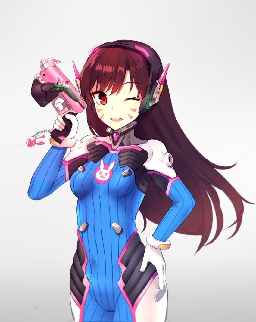 1girl ;d armor bangs bodysuit breasts brown_eyes brown_hair bunny_print covered_navel cowboy_shot d.va_(overwatch) facepaint facial_mark gloves gradient gradient_background gun hand_on_hip hand_up handgun headphones high_collar highres holding holding_gun holding_weapon long_hair looking_at_viewer medium_breasts one_eye_closed open_mouth overwatch pauldrons pilot_suit shoulder_pads smile solo turtleneck weapon whisker_markings white_gloves