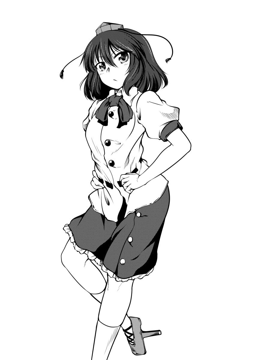 &gt;:/ 0-den 1girl absurdres belt black_hair black_ribbon black_skirt buttons collared_shirt commentary_request frilled_skirt frills geta greyscale hands_on_hips hat highres looking_at_viewer monochrome neck_ribbon puffy_short_sleeves puffy_sleeves ribbon shameimaru_aya shirt short_hair short_sleeves skirt solo tengu-geta tokin_hat touhou white_shirt