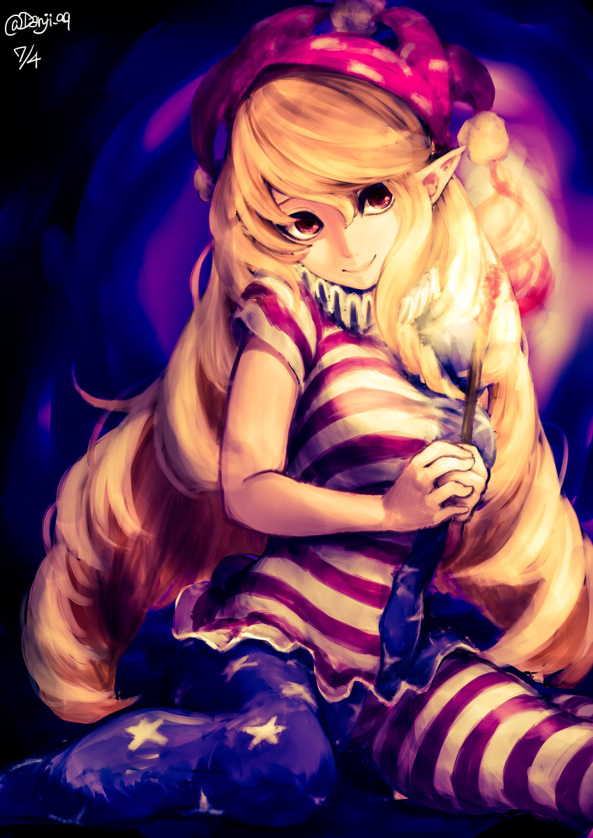 1girl absurdres american_flag_legwear american_flag_shirt blonde_hair breasts closed_mouth clownpiece danji_aq fire hat head_tilt highres jester_cap long_hair looking_at_viewer medium_breasts neck_ruff pantyhose pointy_ears polka_dot red_eyes shirt short_sleeves sitting smile solo star striped torch touhou very_long_hair