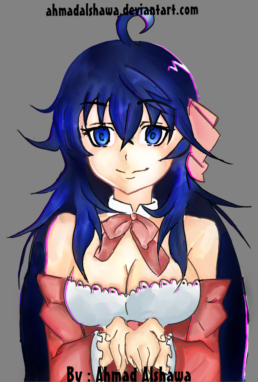 1girl ahmad_alshawa ahoge anime_coloring artist_name black_hair blue_eyes bow breasts cleavage detached_collar deviantart_username eyebrows eyebrows_visible_through_hair frills grey_background highres large_breasts long_hair looking_at_viewer messy_hair netoge_no_yome_wa_onna_no_ko_janai_to_omotta? simple_background smile solo tamaki_ako
