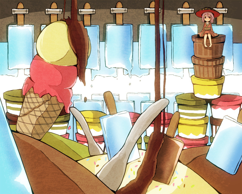 1girl barefoot bowl bowl_hat chocolate_syrup food hat highres ice_cream ice_cream_cone ice_cream_cup ice_cream_spoon japanese_clothes kimono long_sleeves looking_at_viewer minigirl obi popsicle purple_hair sash sitting sitting_on_object smile solo spoon sprinkles sukuna_shinmyoumaru topadori touhou violet_eyes