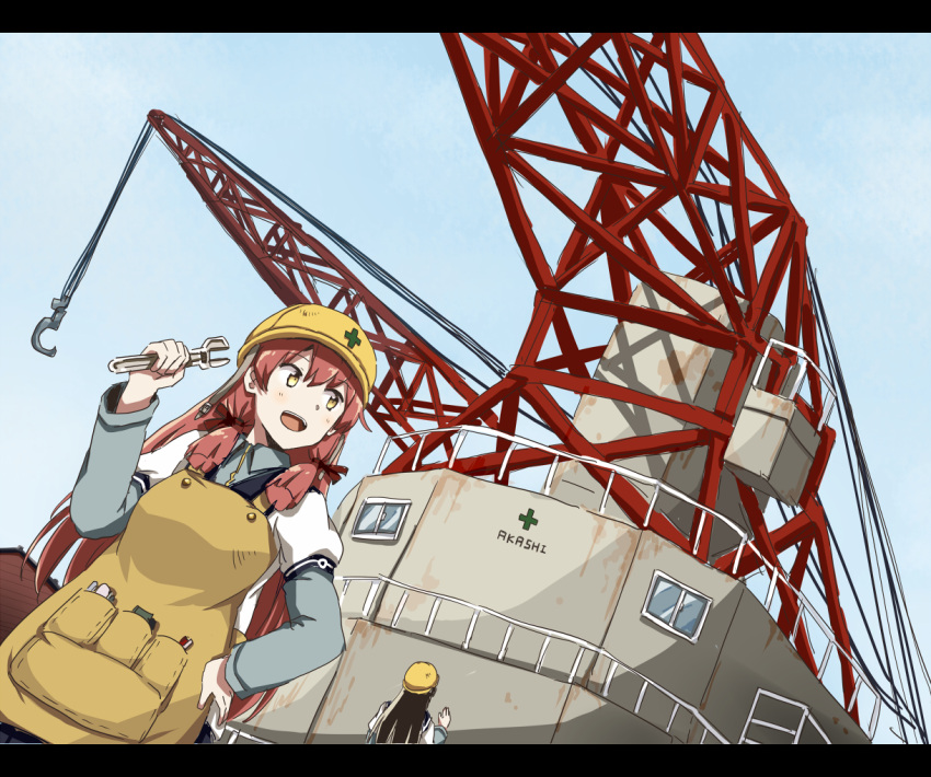 akashi_(kantai_collection) any_(lucky_denver_mint) apron black_hair blue_skirt crane green_eyes hair_ribbon hairband hardhat helmet kantai_collection long_hair long_sleeves multiple_girls ooyodo_(kantai_collection) open_mouth pink_hair pleated_skirt ribbon school_uniform serafuku skirt smile tools tress_ribbon twintails wrench