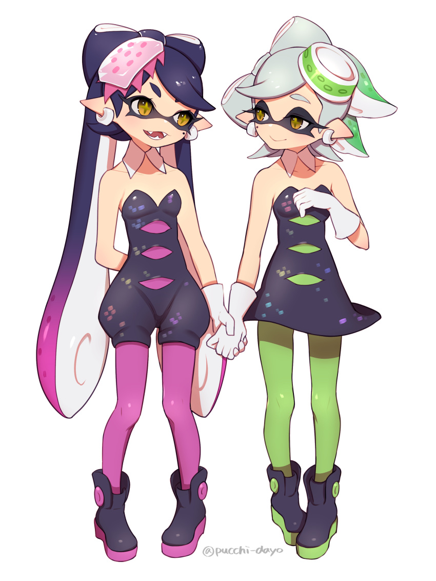 +_+ 2girls absurdres aori_(splatoon) black_hair detached_collar domino_mask earrings eye_contact fangs food food_on_head gloves highres holding_hands hotaru_(splatoon) jewelry long_hair looking_at_another mask mole mole_under_eye multiple_girls object_on_head open_mouth pantyhose pointy_ears puchiman short_hair smile splatoon tentacle_hair white_hair yellow_eyes